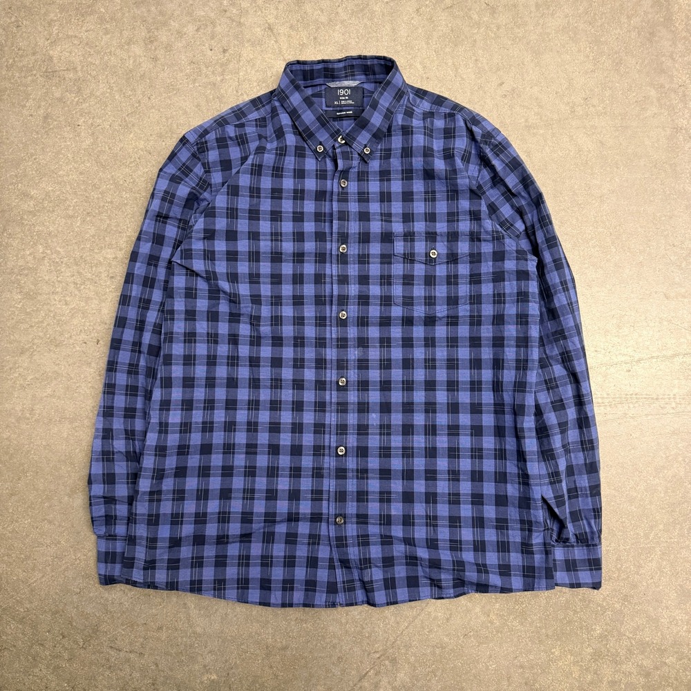 1901 Mens XL Trim Fit Fairview Wash Blue Plaid Button Down Shirt Long Sleeve